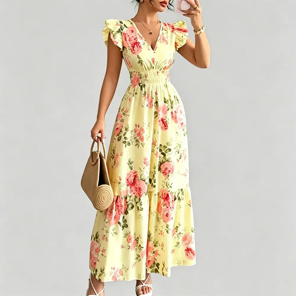 High-Quality XH-Fashion Summer Floral Tiered Maxi Dress - White with Pink Roses, Flutter Sleeves & Elastic Waist Manufacturers, Factories