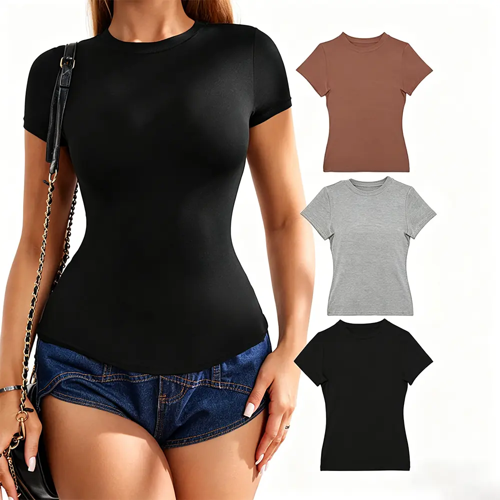 High-Quality XH-Fashion Curved Hem Form-Fitting Basic Tee - Stretchy Short Sleeve Crew Neck T-Shirt Supplier, Factories