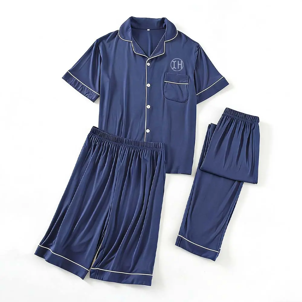 Custom XH-Fashion Custom Logo Men's 3-Piece Pajama Set, Ultra-Soft Modal Short Sleeve Sleepwear with Contrast Piping, Personalized Loungewear for Home & Gifting Factory, Suppliers
