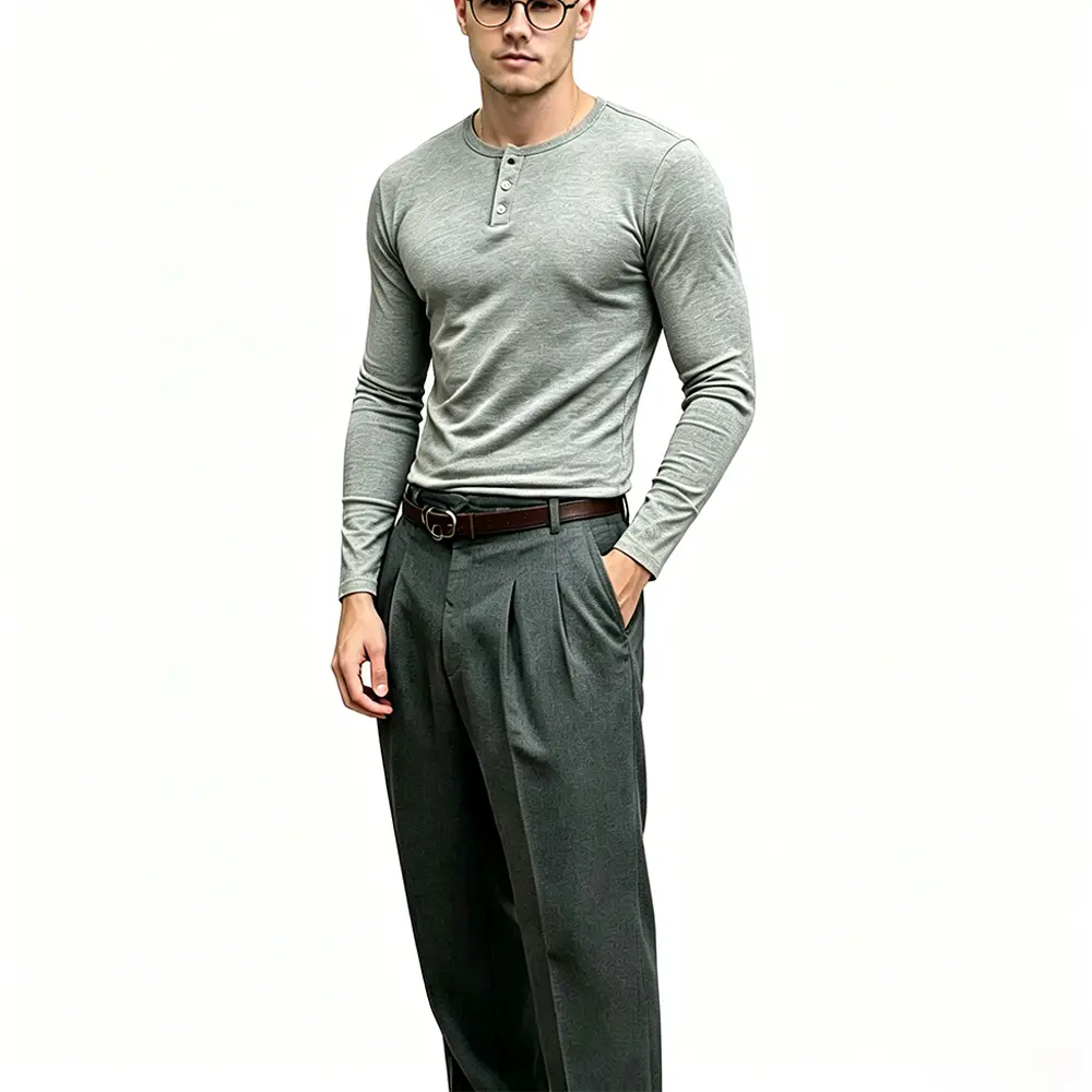 Custom XH-Fashion Men's Premium Slim-Fit Gray Henley Shirt - Soft Stretch Long Sleeve Top for Work & Everyday Wear Manufacturer, Manufacturers