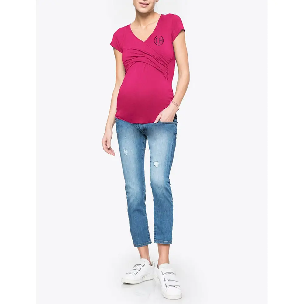 Custom XH-Fashion Nursing Tops for Breastfeeding, Summer Short Sleeve V Neck Maternity Shirts, Wrap Front Ruched Breastfeeding Blouse, Soft Stretchy Pregnancy Clothes for Women Manufacturers, Factories