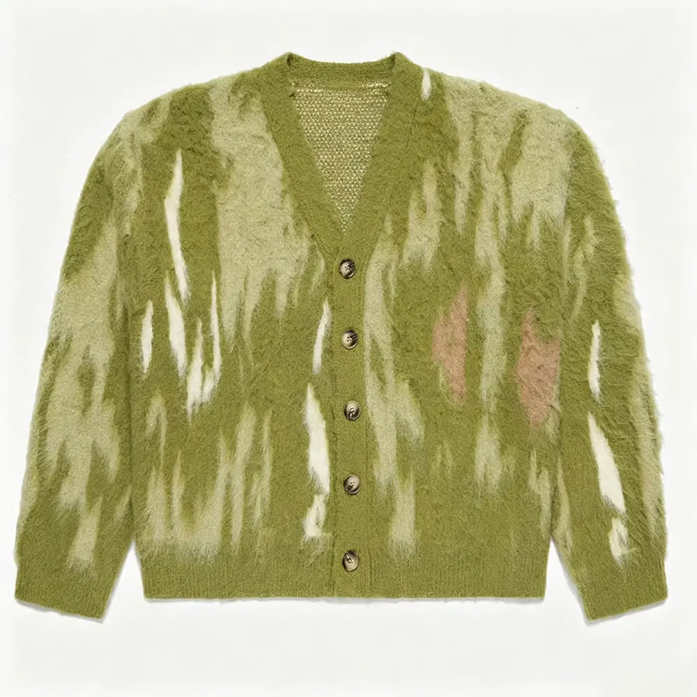 High-Quality XH-Fashion OEM ODM Retro Gradient Flame Print Fluffy Knit Cardigan, Custom Embroidery Loose Fit Mohair Sweater Factories, Factory