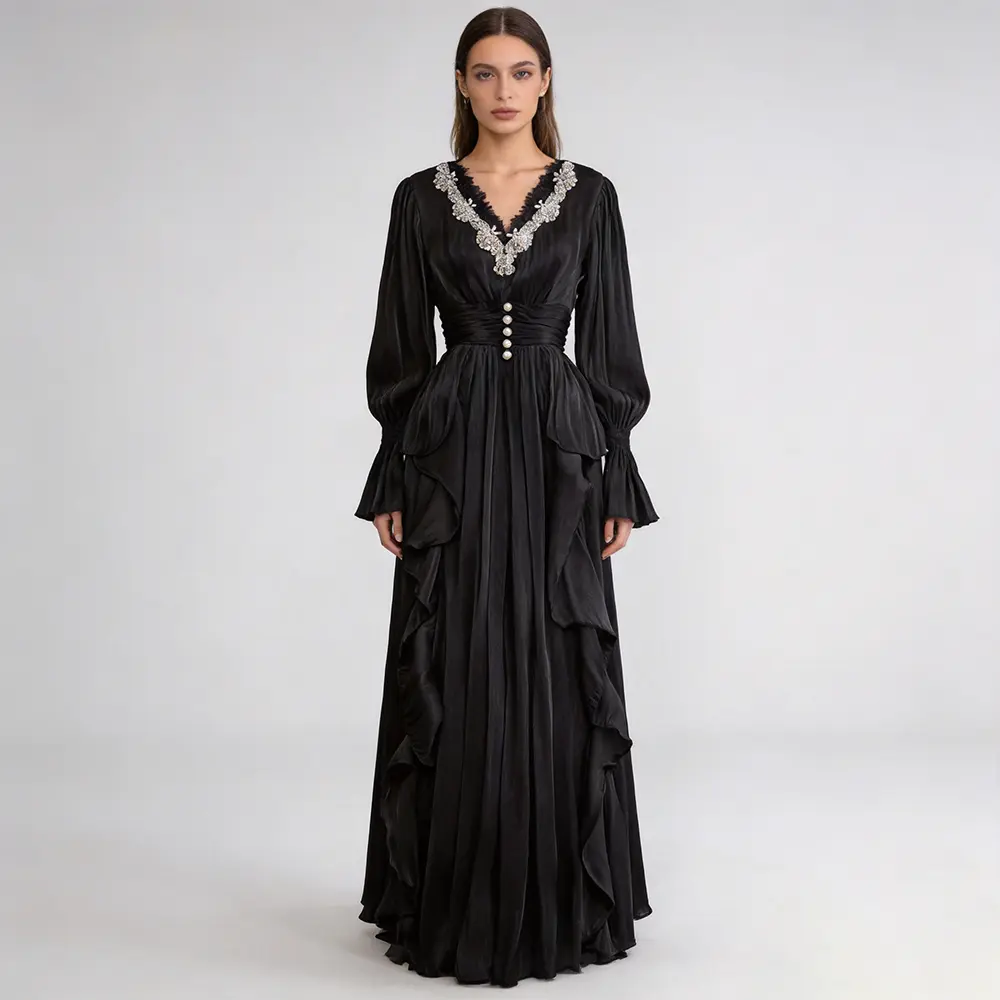 High-Quality XH-Fashion Elegant Black Satin Evening Dress - Crystal Embellished V-Neck with Ruffled Sleeves & Skirt Manufacturer, Manufacturers