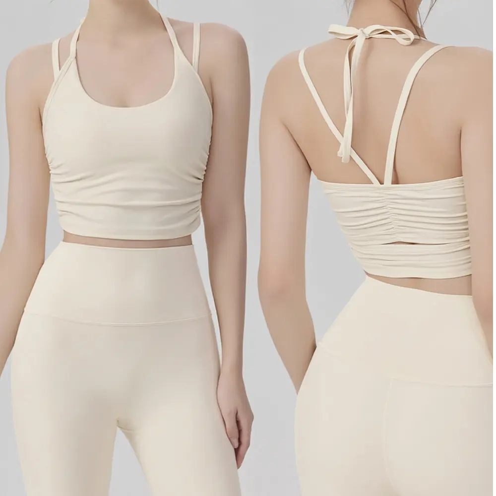 Custom XH-Fashion Factory Wholesale Halter Neck Yoga Top, Women’s Double-Strap Backless Sports Bra, Ruched Slim-Fit Workout Tank with Removable Pads, OEM/ODM Customizable Manufacturer, Suppliers