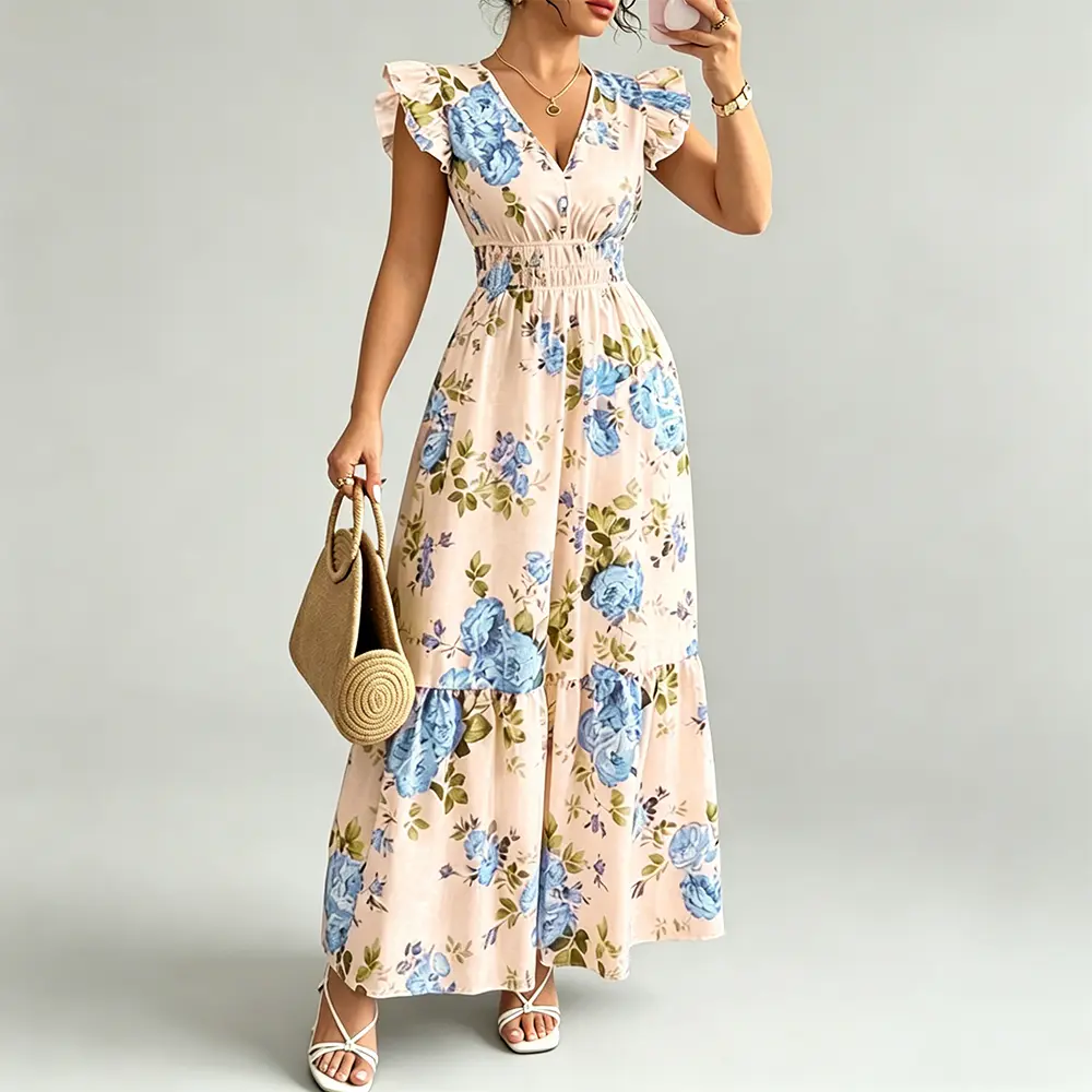 High-Quality XH-Fashion Summer Floral Tiered Maxi Dress - White with Pink Roses, Flutter Sleeves & Elastic Waist Manufacturers, Factories