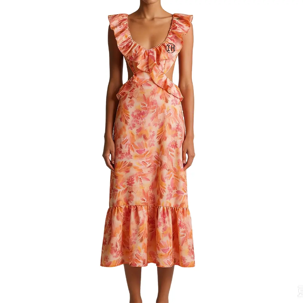 High-Quality XH-Fashion Custom Logo Watercolor Floral Ruffle Cutout Midi Dress | Open Back Tie Spaghetti Flutter Strap Summer Vacation Dress Factories, Suppliers