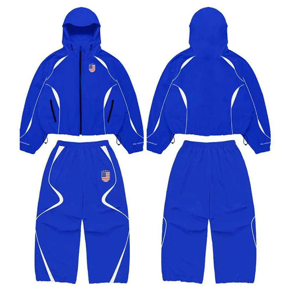 OEM XH-Fashion Unisex Streetwear USA Flag Tracksuit - Bold Black & White Colorblock Hooded Jacket & Pants Set Manufacturer, Suppliers