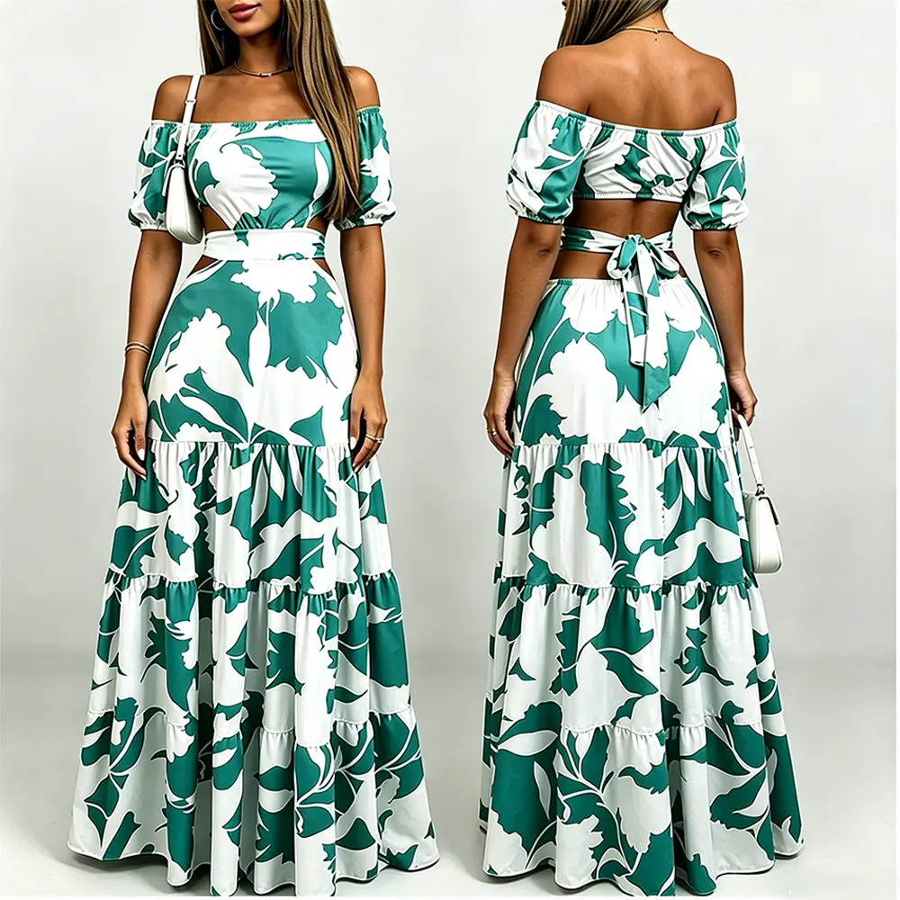 High-Quality XH-Fashion Tropical Print Two-Piece Dress Set - Off-Shoulder Crop Top & Tiered Maxi Skirt with Waist Cutouts Manufacturer, Factories