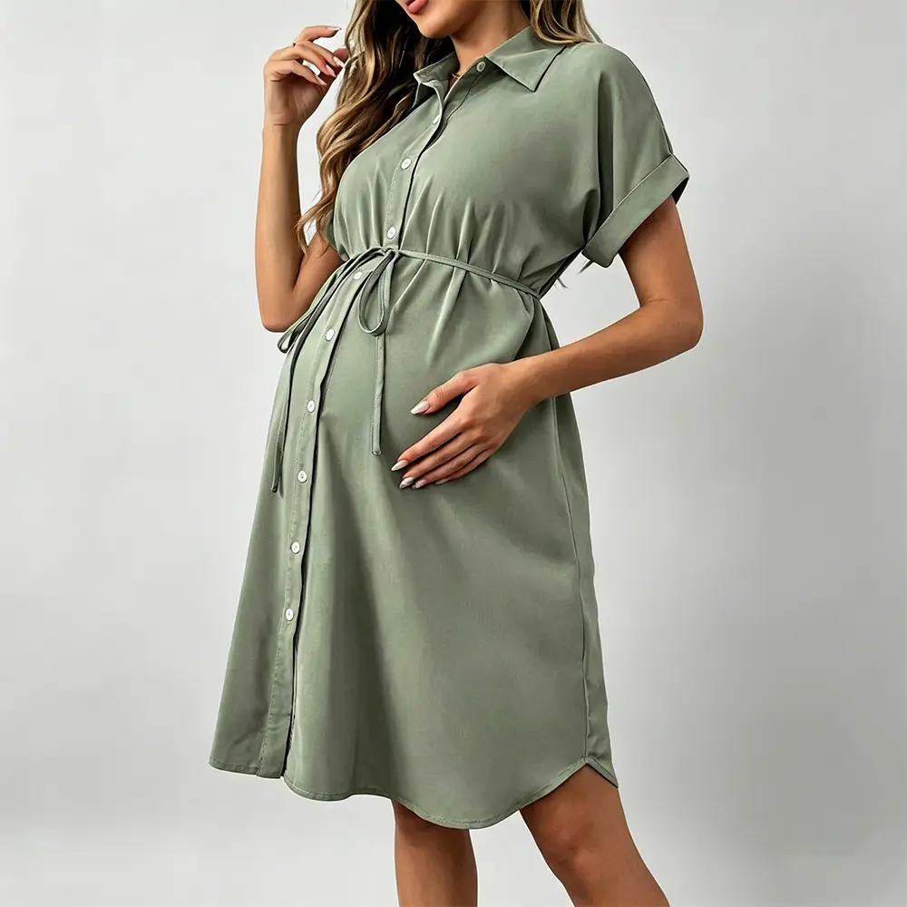 Custom XH-Fashion Custom Logo Collared Shirt Maternity Dress | Short Sleeve Waist Tie Button Front Midi Pregnancy Dress in 3 Styles Manufacturer, Suppliers