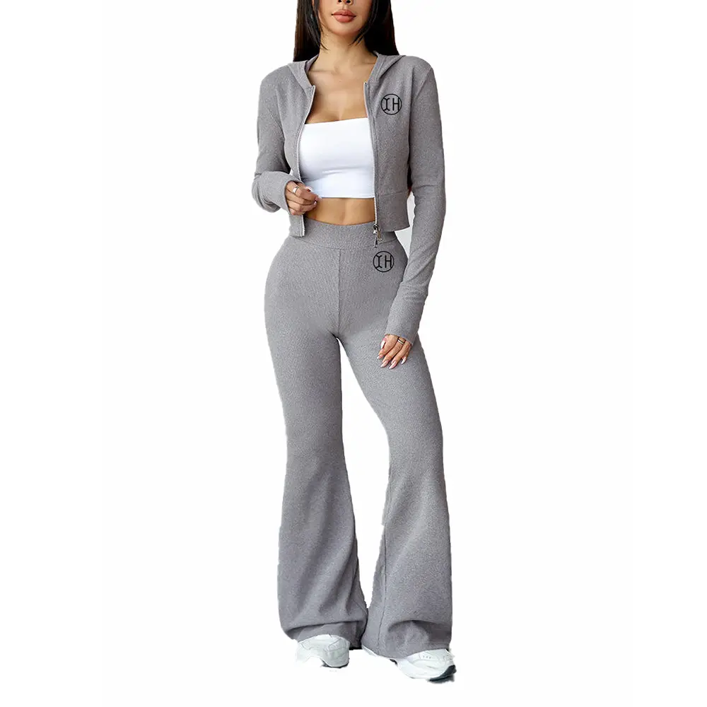 Custom XH-Fashion OEM Women's Ribbed Hooded Workout Set High Waist Flare Leggings Activewear Manufacturer Manufacturers, Suppliers