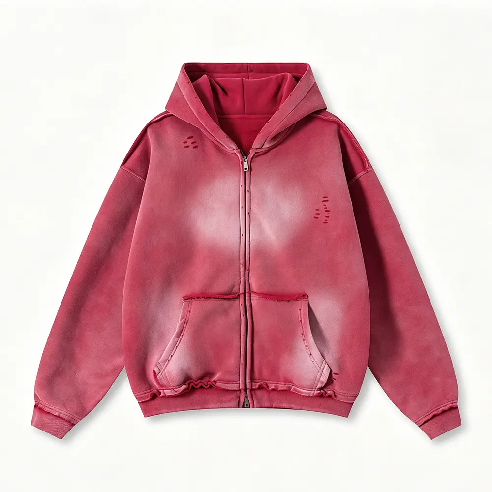 OEM XH-Fashion  Men's Retro Washed Brown Zip-Up Hoodie - Vintage Faded & Distressed Oversized Hooded Sweatshirt Manufacturers, Supplier