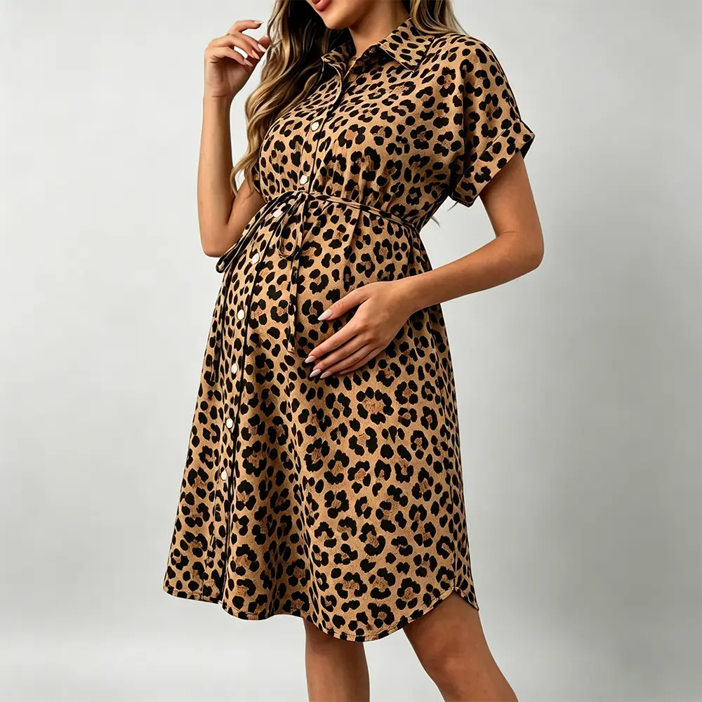 Custom XH-Fashion Custom Logo Collared Shirt Maternity Dress | Short Sleeve Waist Tie Button Front Midi Pregnancy Dress in 3 Styles Manufacturer, Suppliers