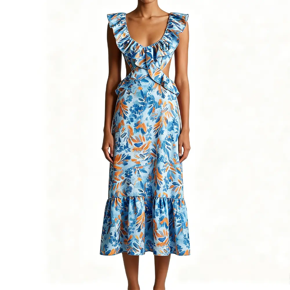 High-Quality XH-Fashion Custom Logo Watercolor Floral Ruffle Cutout Midi Dress | Open Back Tie Spaghetti Flutter Strap Summer Vacation Dress Factories, Suppliers