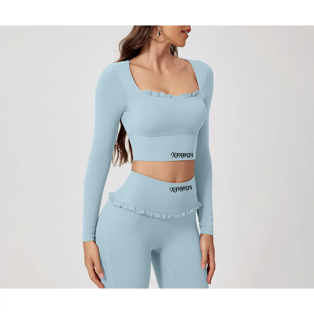 Custom XH-Fashion Butterfly Ruffle Square Neck Yoga Outfit for Women High Waist Butt Lift Leggings Long Sleeve Crop Top 2 Piece Workout Set Manufacturers, Factories