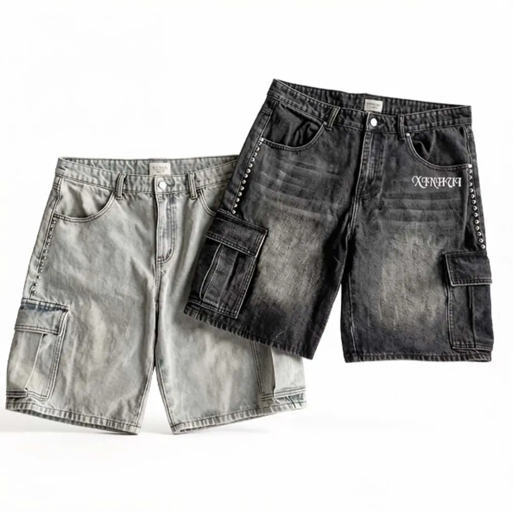 Custom XH-Fashion Custom Logo Studded Cargo Denim Shorts for Men, Vintage Washed Baggy Jorts with Rivet Detail, Personalized Streetwear Denim Cargo Shorts Factories, Suppliers