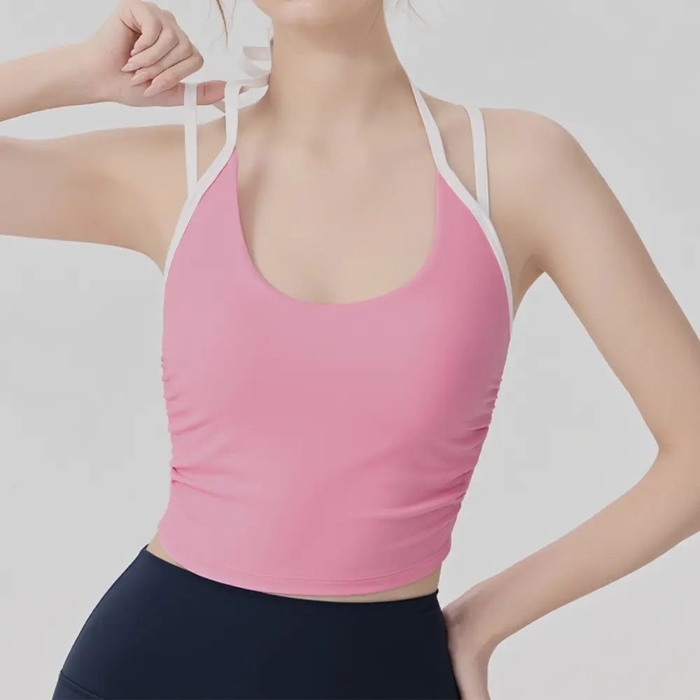 Custom XH-Fashion Factory Wholesale Halter Neck Yoga Top, Women’s Double-Strap Backless Sports Bra, Ruched Slim-Fit Workout Tank with Removable Pads, OEM/ODM Customizable Manufacturer, Suppliers
