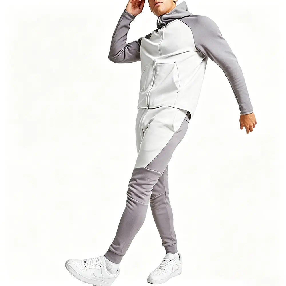 OEM XH-Fashion Custom Logo Color Block Raglan Hoodie Tracksuit | Men’s Full Zip Hooded Jacket & Jogger Pants 2 Piece Set OEM ODM Private Label Manufacturer, Factories