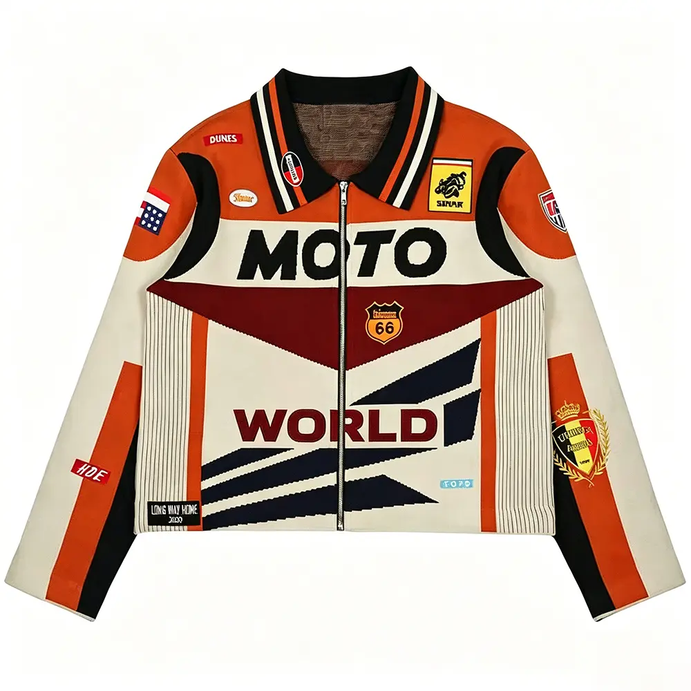 High-Quality XH-Fashion Men's Retro Moto World Racing Jacket - Bold Colorblock Varsity Biker Jacket with Patches & Logos Manufacturer, Suppliers