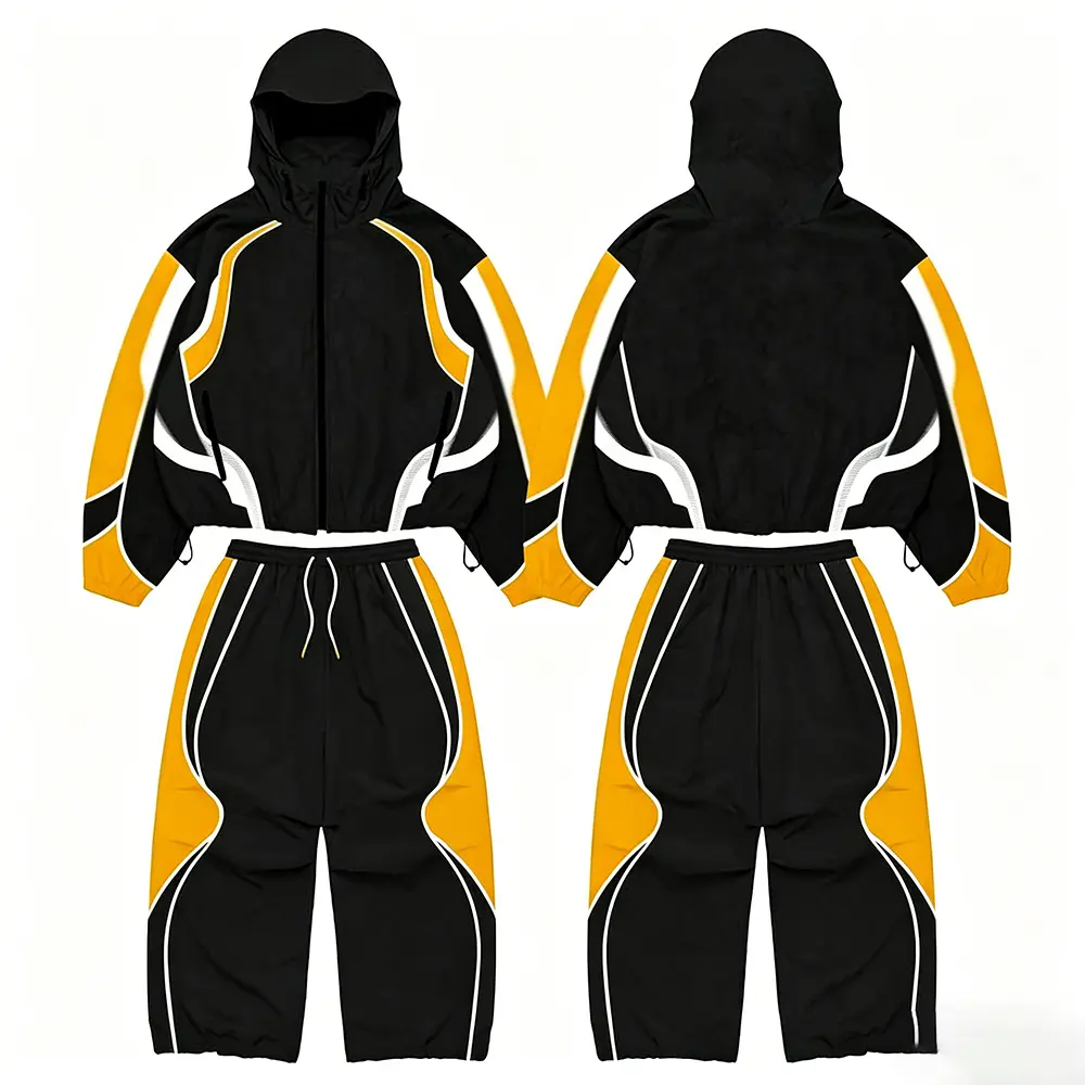 OEM XH-Fashion nisex Streetwear Colorblock Tracksuit - Bold Black & Neon Green Hooded Jacket & Wide Leg Pants Set Manufacturers, Factories