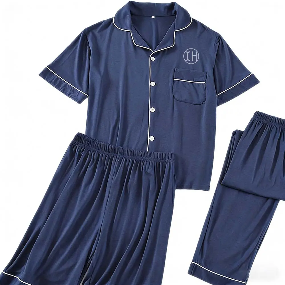 Custom XH-Fashion Custom Logo Men's 3-Piece Pajama Set, Ultra-Soft Modal Short Sleeve Sleepwear with Contrast Piping, Personalized Loungewear for Home & Gifting Factory, Suppliers