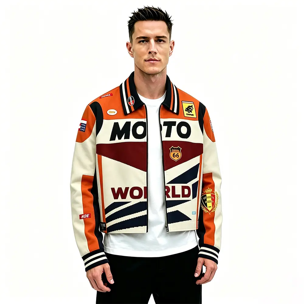 High-Quality XH-Fashion Men's Retro Moto World Racing Jacket - Bold Colorblock Varsity Biker Jacket with Patches & Logos Manufacturer, Suppliers