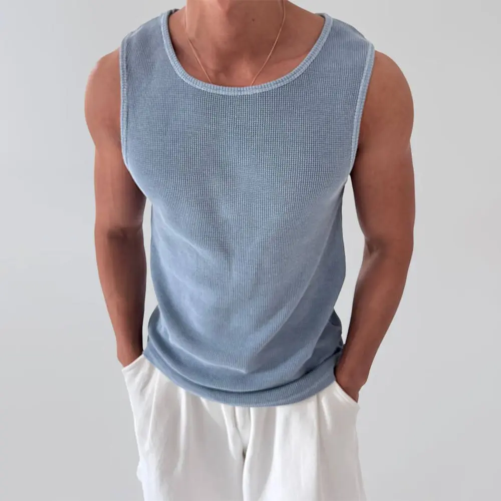High-Quality XH-Fashion Custom Logo Men’s Waffle Knit Sleeveless Tank Top | Loose Crew Neck Casual Basic Singlet OEM ODM Private Label Factories, Suppliers