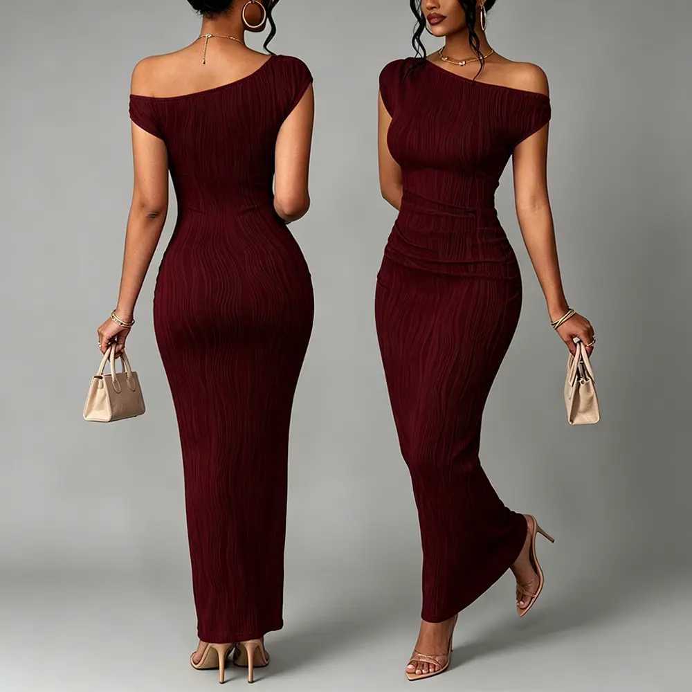 OEM XH-Fashion Custom Logo One Shoulder Ruched Textured Maxi Dress | Women’s Off Shoulder Bodycon Wave Knit Evening Long Dress Manufacturers, Factory