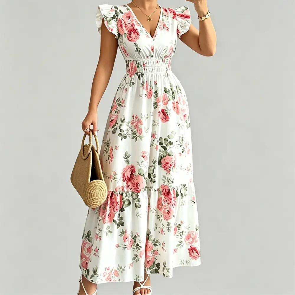 High-Quality XH-Fashion Summer Floral Tiered Maxi Dress - White with Pink Roses, Flutter Sleeves & Elastic Waist Manufacturers, Factories