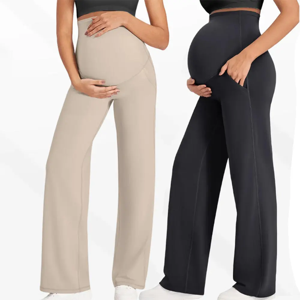 OEM XH-Fashion Custom Logo Full Panel High Rise Maternity Wide Leg Pants | Over Belly Soft Stretch Pregnancy Flare Trousers with Side Pockets Manufacturers, Factories