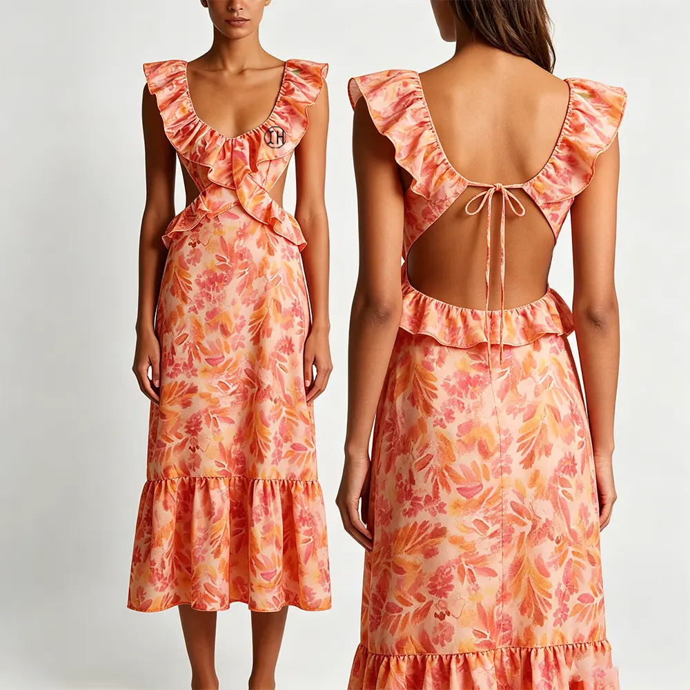 High-Quality XH-Fashion Custom Logo Watercolor Floral Ruffle Cutout Midi Dress | Open Back Tie Spaghetti Flutter Strap Summer Vacation Dress Factories, Suppliers