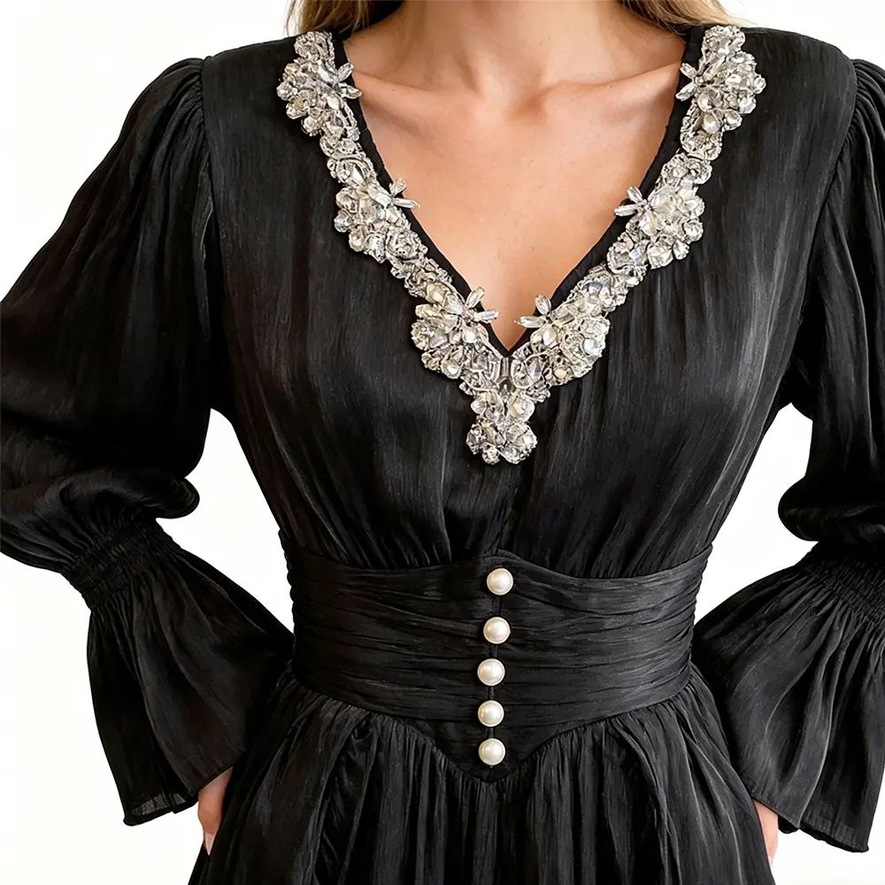 High-Quality XH-Fashion Elegant Black Satin Evening Dress - Crystal Embellished V-Neck with Ruffled Sleeves & Skirt Manufacturer, Manufacturers