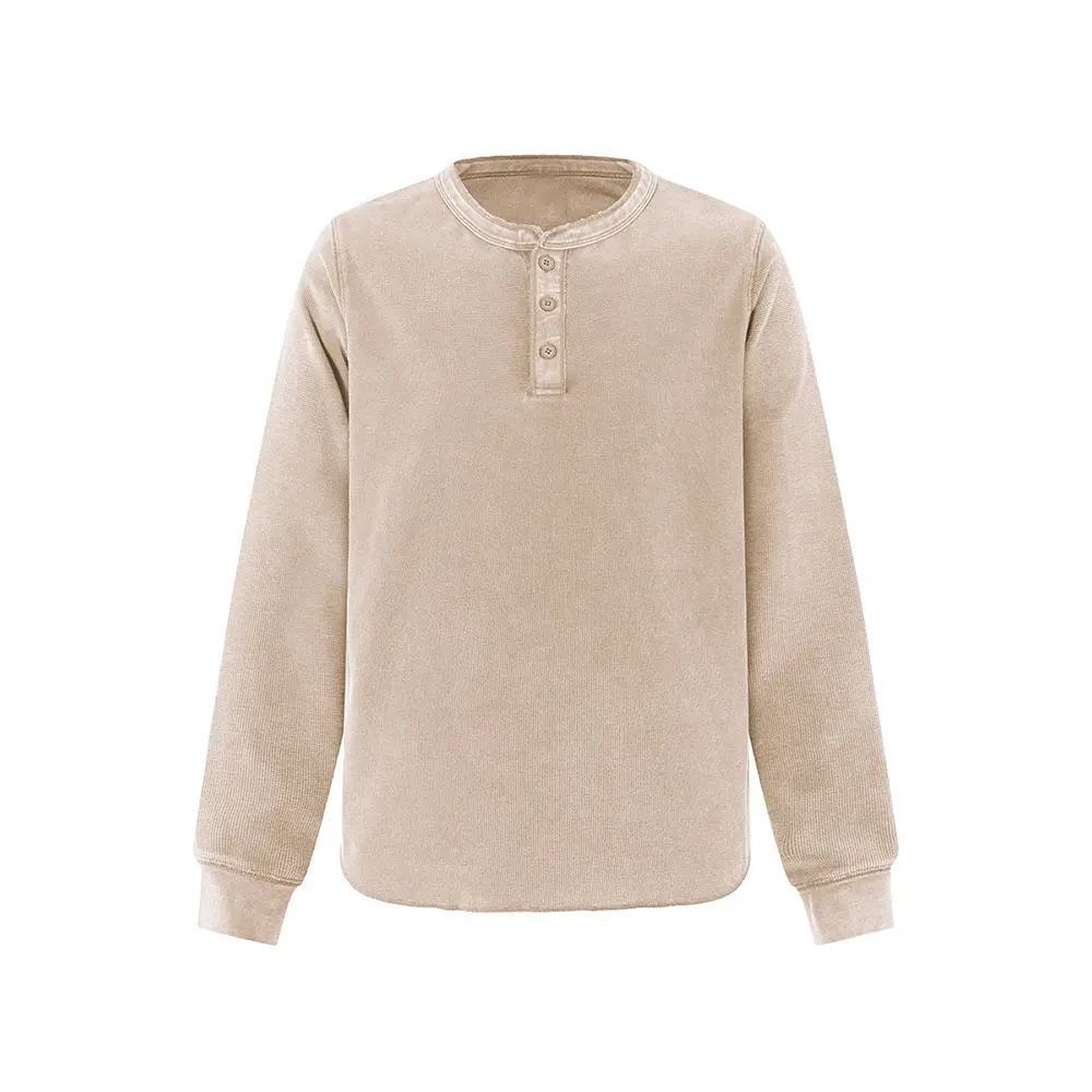 OEM XH-Fashion  Men's Premium Washed Waffle Knit Henley Shirt - Light Brown Casual Long Sleeve Top for Everyday Wear Manufacturers, Supplier