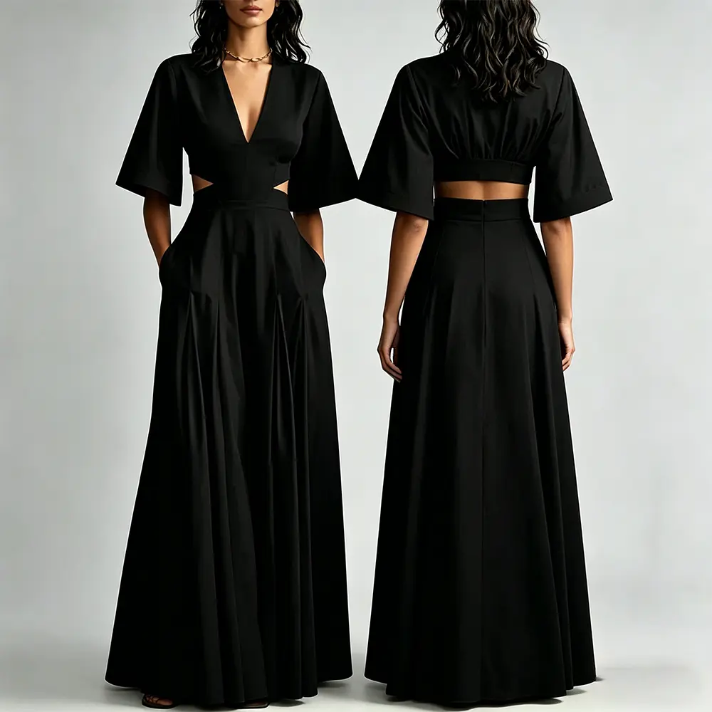 OEM XH-Fashion Modern Black Cut-Out Evening Dress - Deep V-Neck with Flare Sleeves & Floor-Length Skirt Manufacturer, Factories