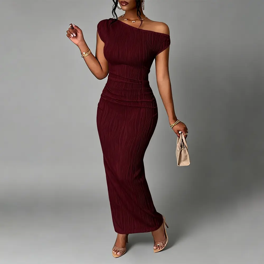 OEM XH-Fashion Custom Logo One Shoulder Ruched Textured Maxi Dress | Women’s Off Shoulder Bodycon Wave Knit Evening Long Dress Manufacturers, Factory