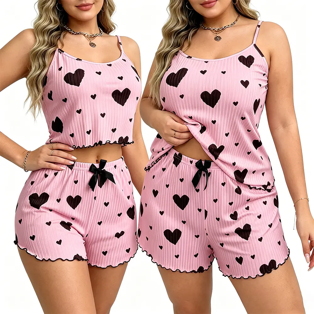 OEM XH-Fashion Women’s Heart Pattern Ribbed Pajama Set - Cami Top with Lettuce Trim & Bow Shorts Manufacturer, Factory