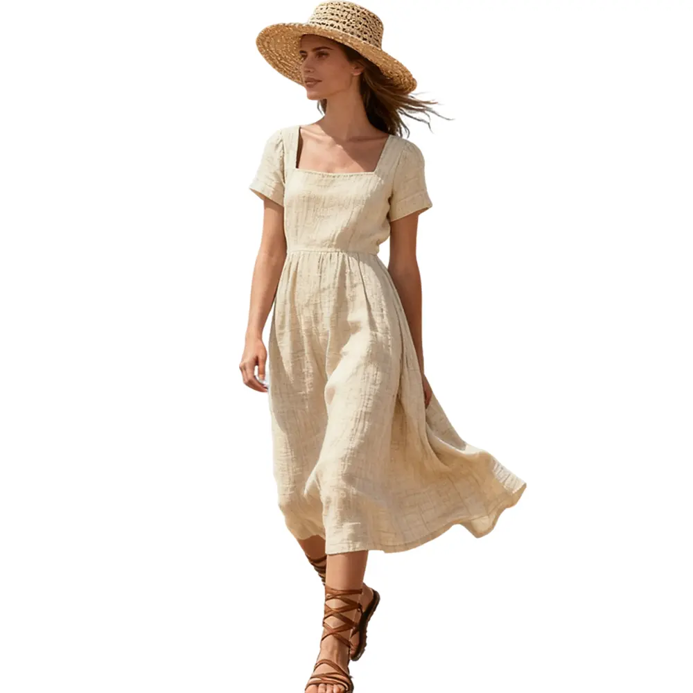 Custom XH-Fashion OEM Women's Square Neck Linen Summer Midi Dress Supplier, Factory