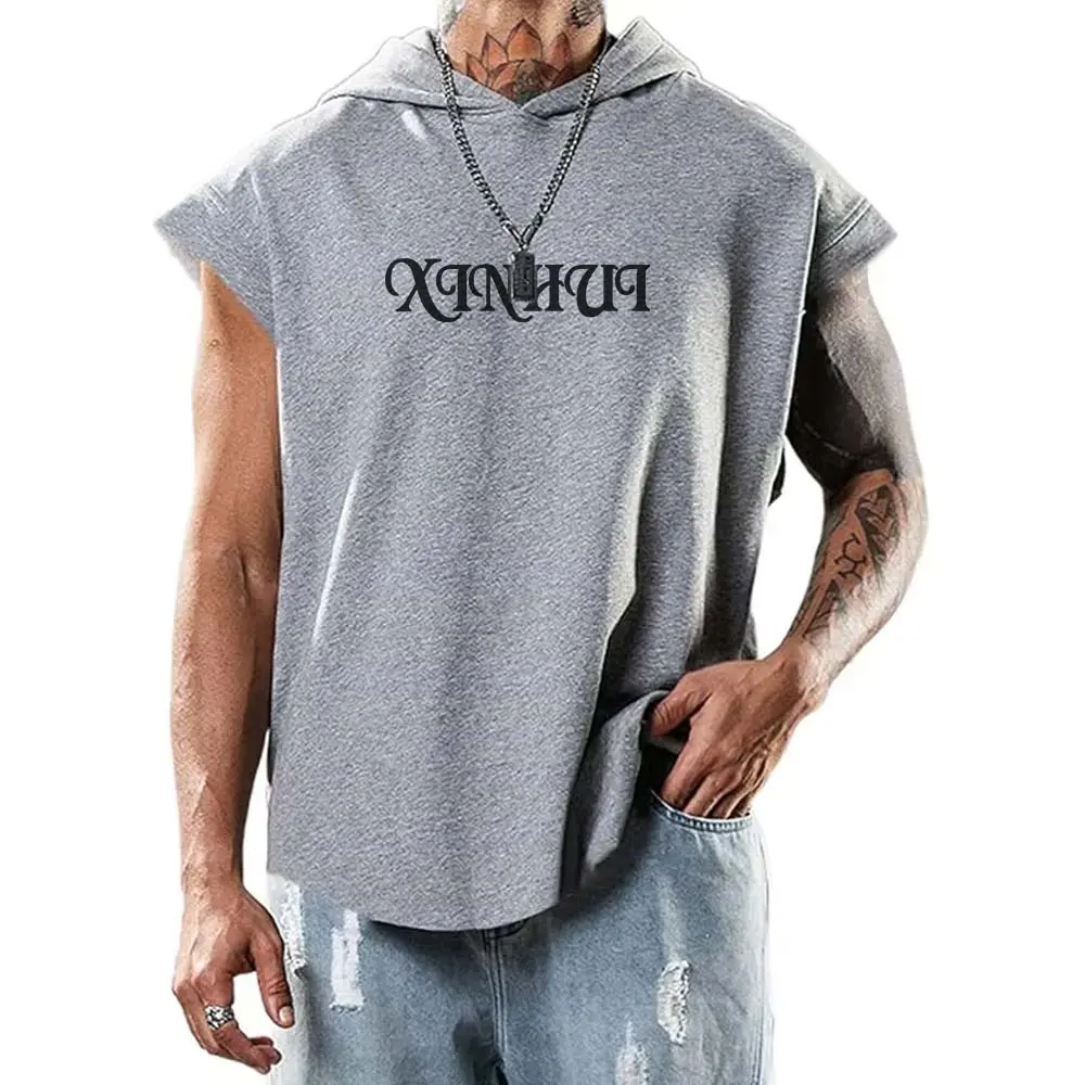 OEM XH-Fashion Custom Logo Sleeveless Hoodie for Men, Personalized Hooded Tank Top, Multi-Color Customizable Gym Workout Sleeveless Hoodie Factories, Suppliers