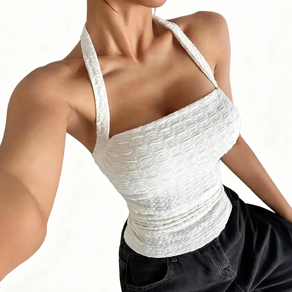 High-Quality XH-Fashion Factory Wholesale Bubble Textured Halter Top, Women's Square Neck Backless Tie Bow Slimming Cami Tank Top, Summer Y2K Sleeveless Top, Customizable OEM/ODM Factory, Suppliers