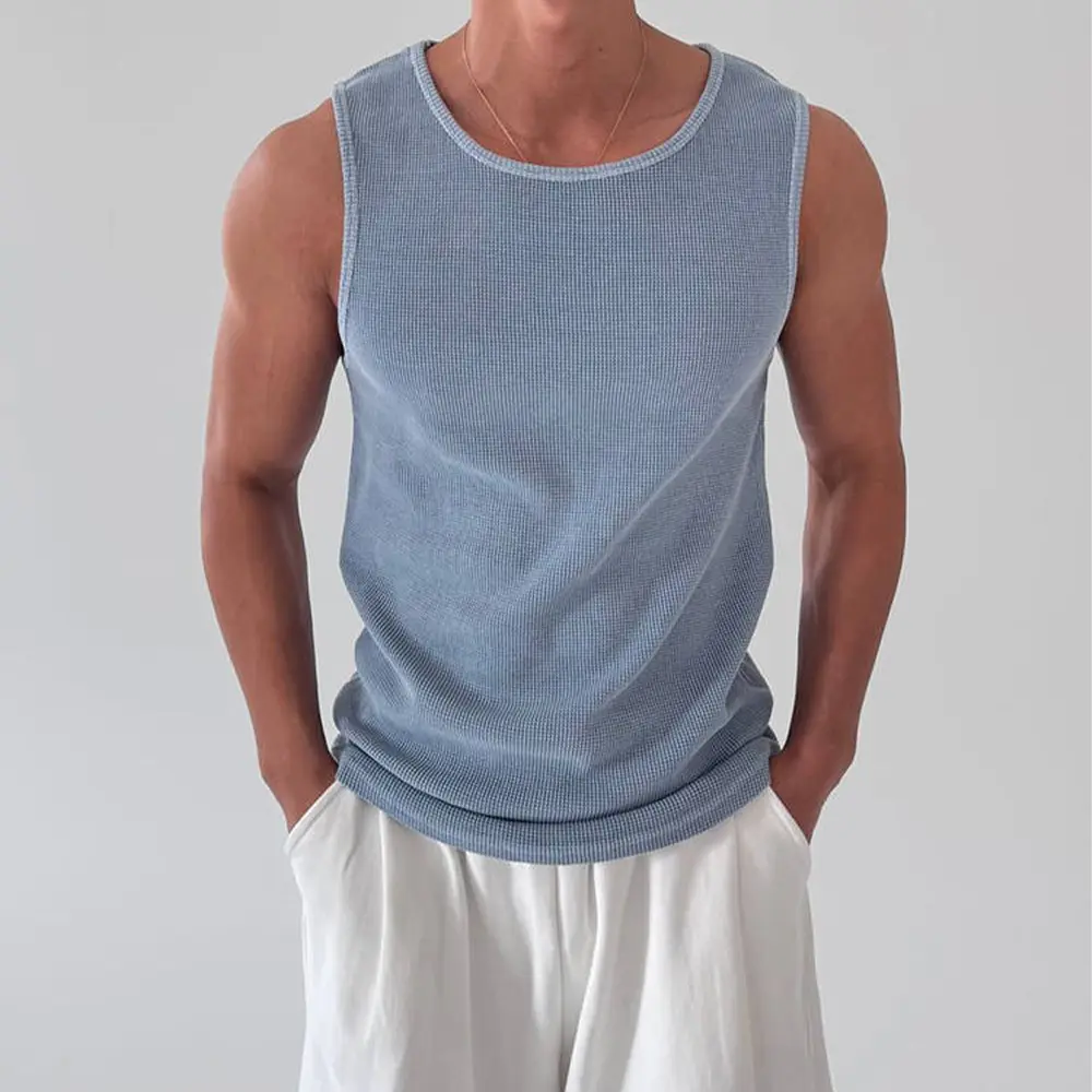 High-Quality XH-Fashion Custom Logo Men’s Waffle Knit Sleeveless Tank Top | Loose Crew Neck Casual Basic Singlet OEM ODM Private Label Factories, Suppliers