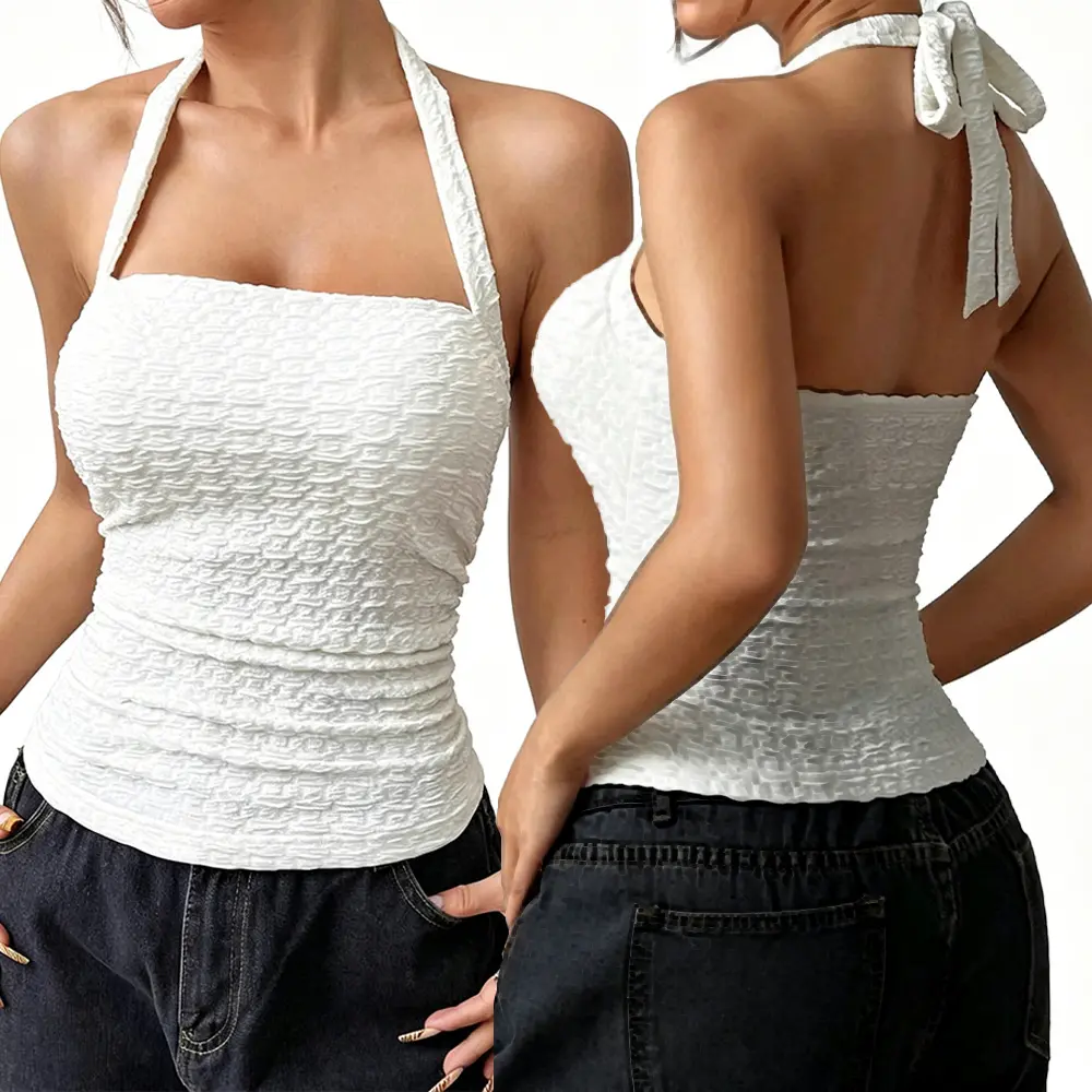 High-Quality XH-Fashion Factory Wholesale Bubble Textured Halter Top, Women's Square Neck Backless Tie Bow Slimming Cami Tank Top, Summer Y2K Sleeveless Top, Customizable OEM/ODM Factory, Suppliers