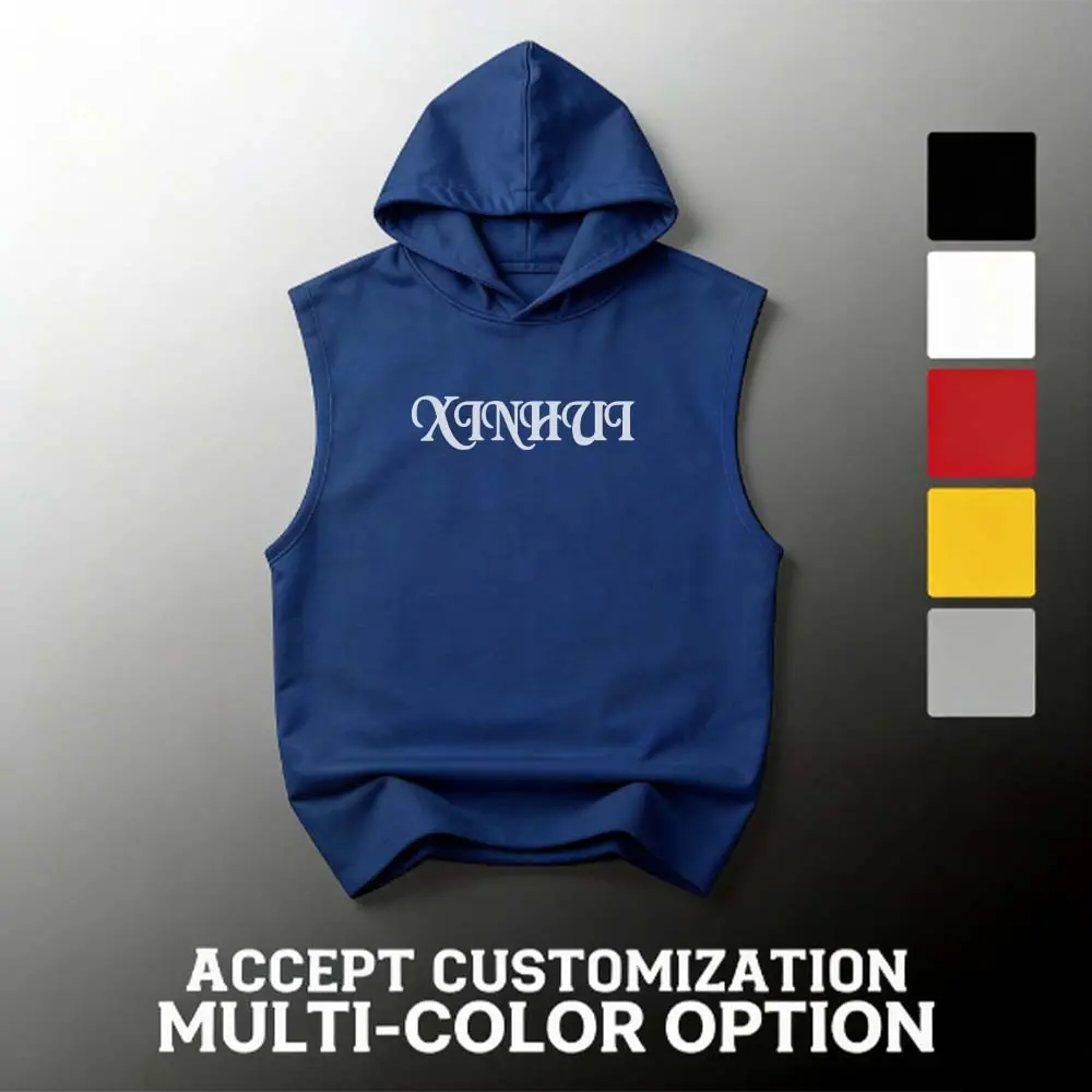 OEM XH-Fashion Custom Logo Sleeveless Hoodie for Men, Personalized Hooded Tank Top, Multi-Color Customizable Gym Workout Sleeveless Hoodie Factories, Suppliers