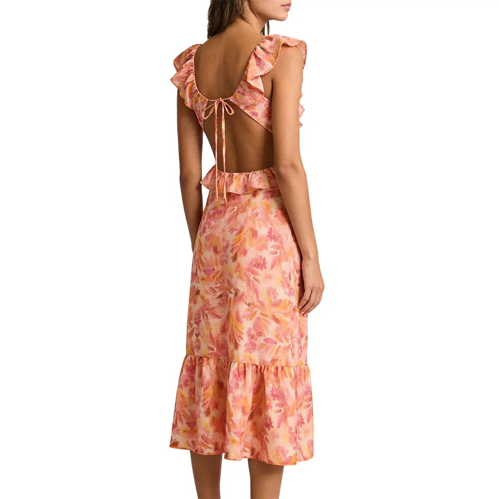 High-Quality XH-Fashion Custom Logo Watercolor Floral Ruffle Cutout Midi Dress | Open Back Tie Spaghetti Flutter Strap Summer Vacation Dress Factories, Suppliers