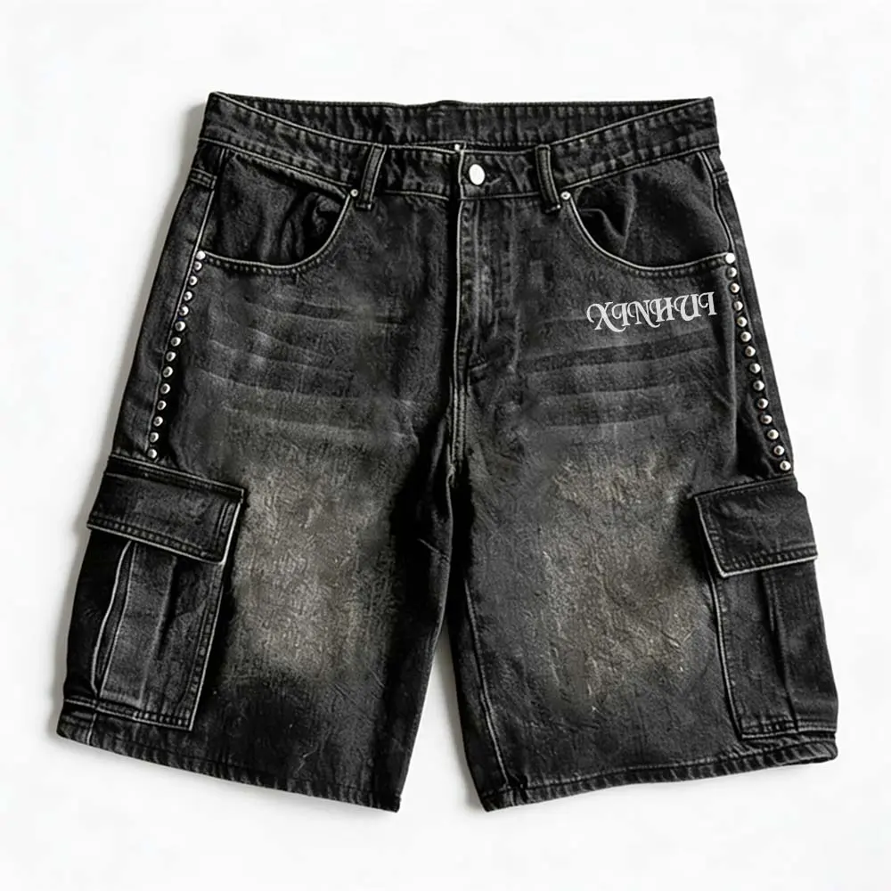 Custom XH-Fashion Custom Logo Studded Cargo Denim Shorts for Men, Vintage Washed Baggy Jorts with Rivet Detail, Personalized Streetwear Denim Cargo Shorts Factories, Suppliers