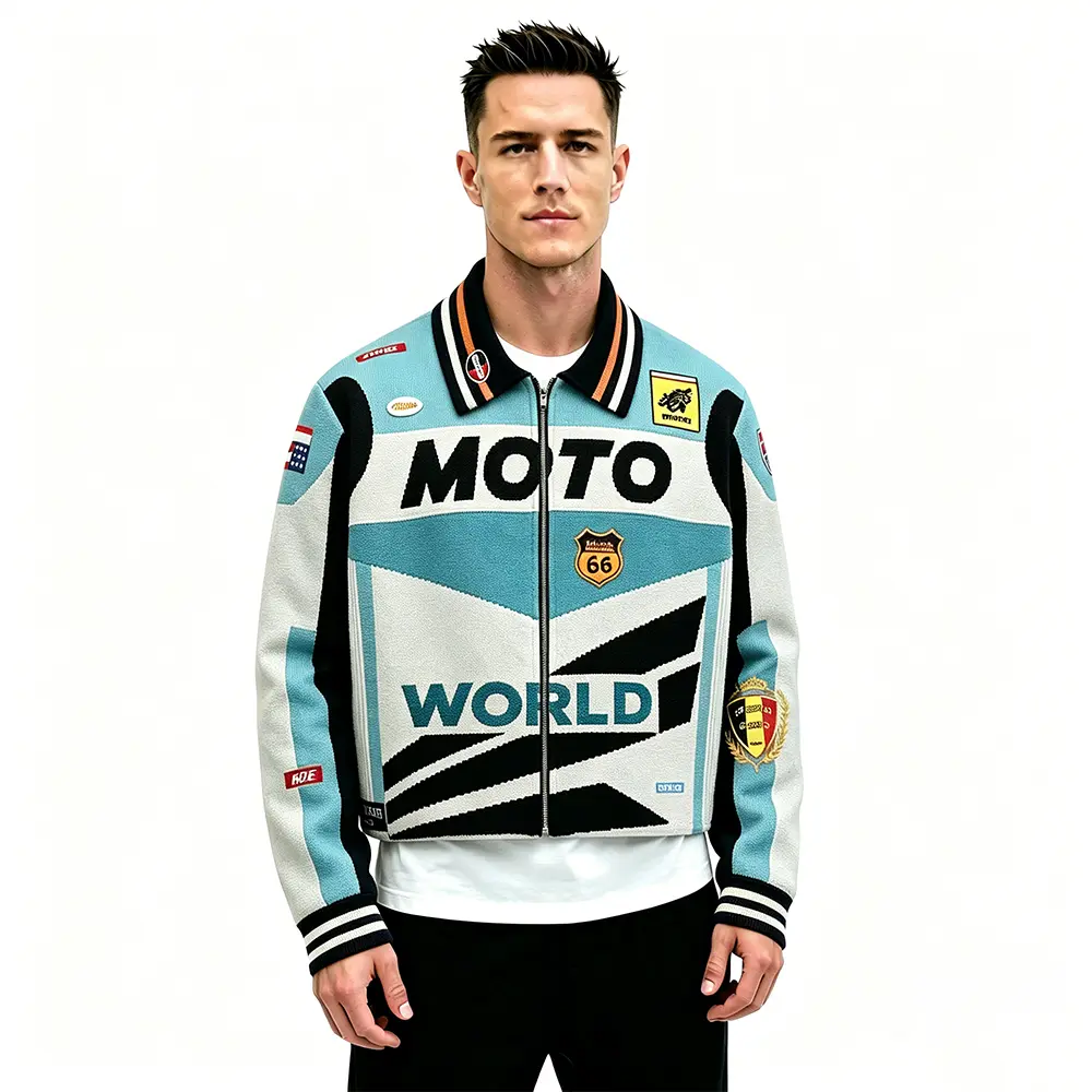 High-Quality XH-Fashion Men's Retro Moto World Racing Jacket - Bold Colorblock Varsity Biker Jacket with Patches & Logos Manufacturer, Suppliers
