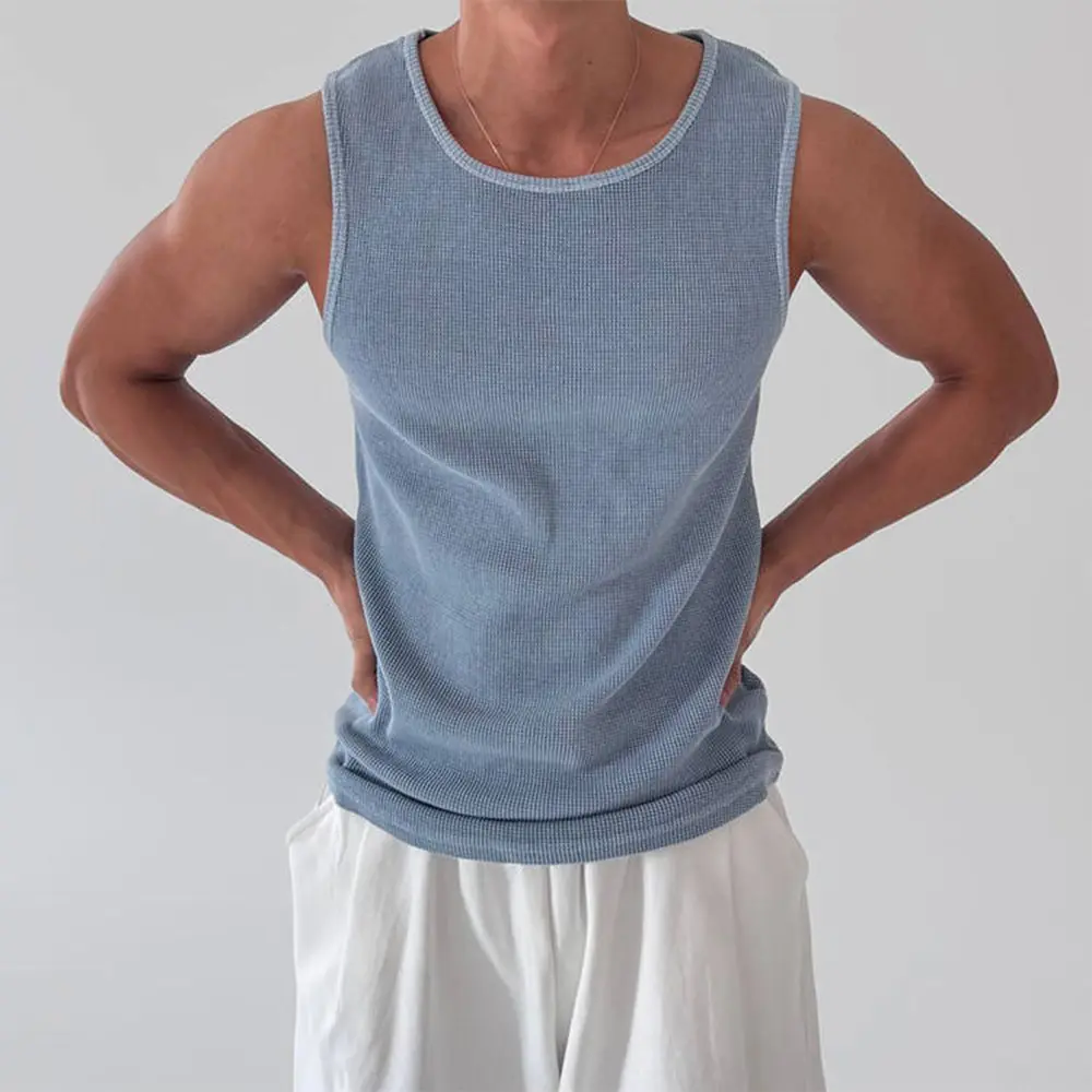 High-Quality XH-Fashion Custom Logo Men’s Waffle Knit Sleeveless Tank Top | Loose Crew Neck Casual Basic Singlet OEM ODM Private Label Factories, Suppliers