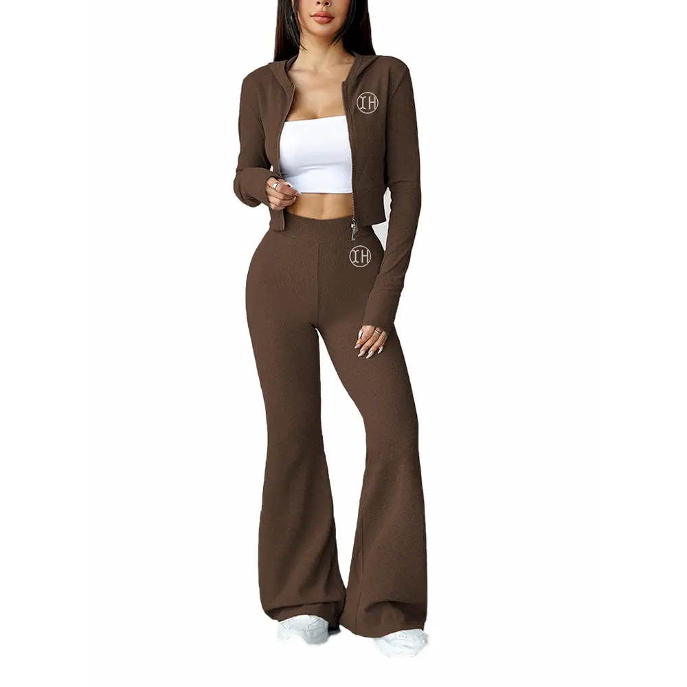 Custom XH-Fashion OEM Women's Ribbed Hooded Workout Set High Waist Flare Leggings Activewear Manufacturer Manufacturers, Suppliers