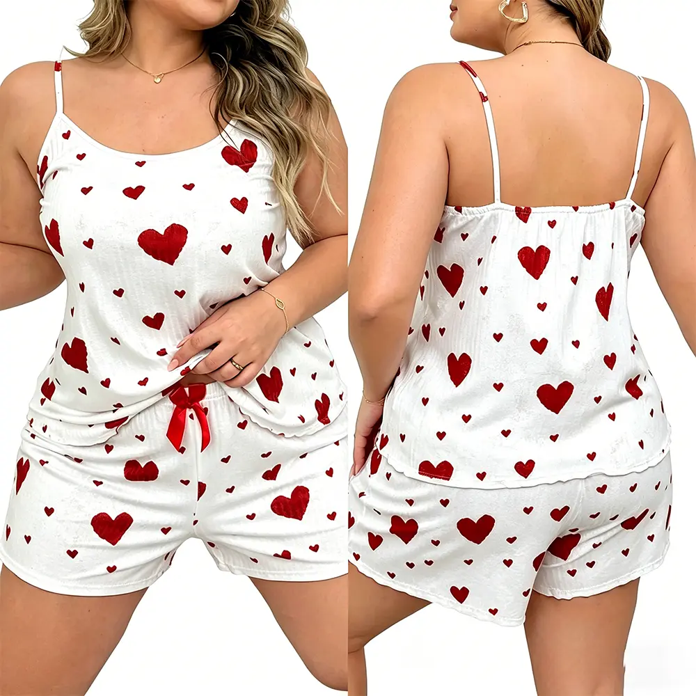 OEM XH-Fashion Women’s Heart Pattern Ribbed Pajama Set - Cami Top with Lettuce Trim & Bow Shorts Manufacturer, Factory
