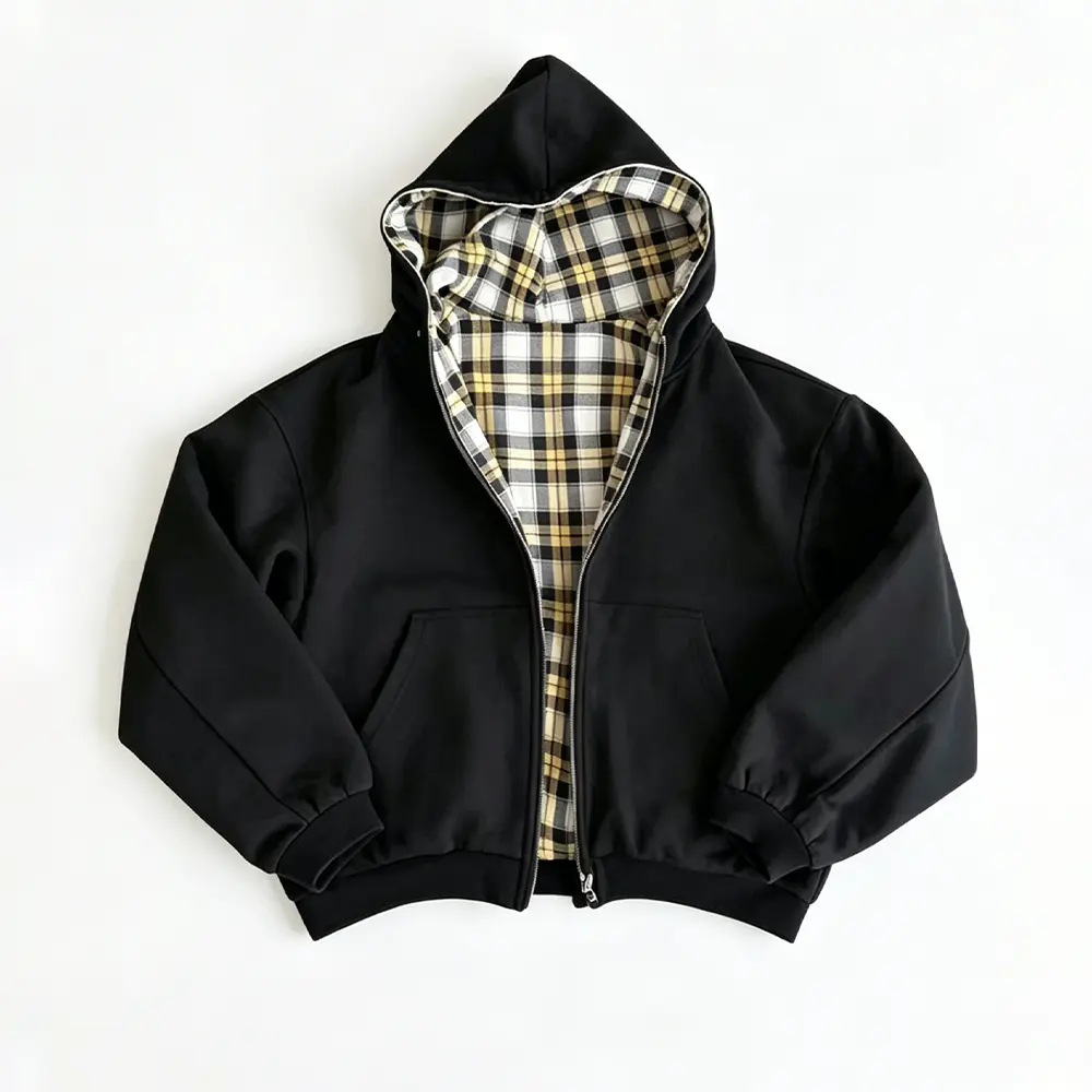 Custom XH-Fashion Men's 2-in-1 Reversible Plaid Hoodie - Gray Heather & Blue Plaid Oversized Streetwear Zip-Up Sweatshirt Factories, Factory