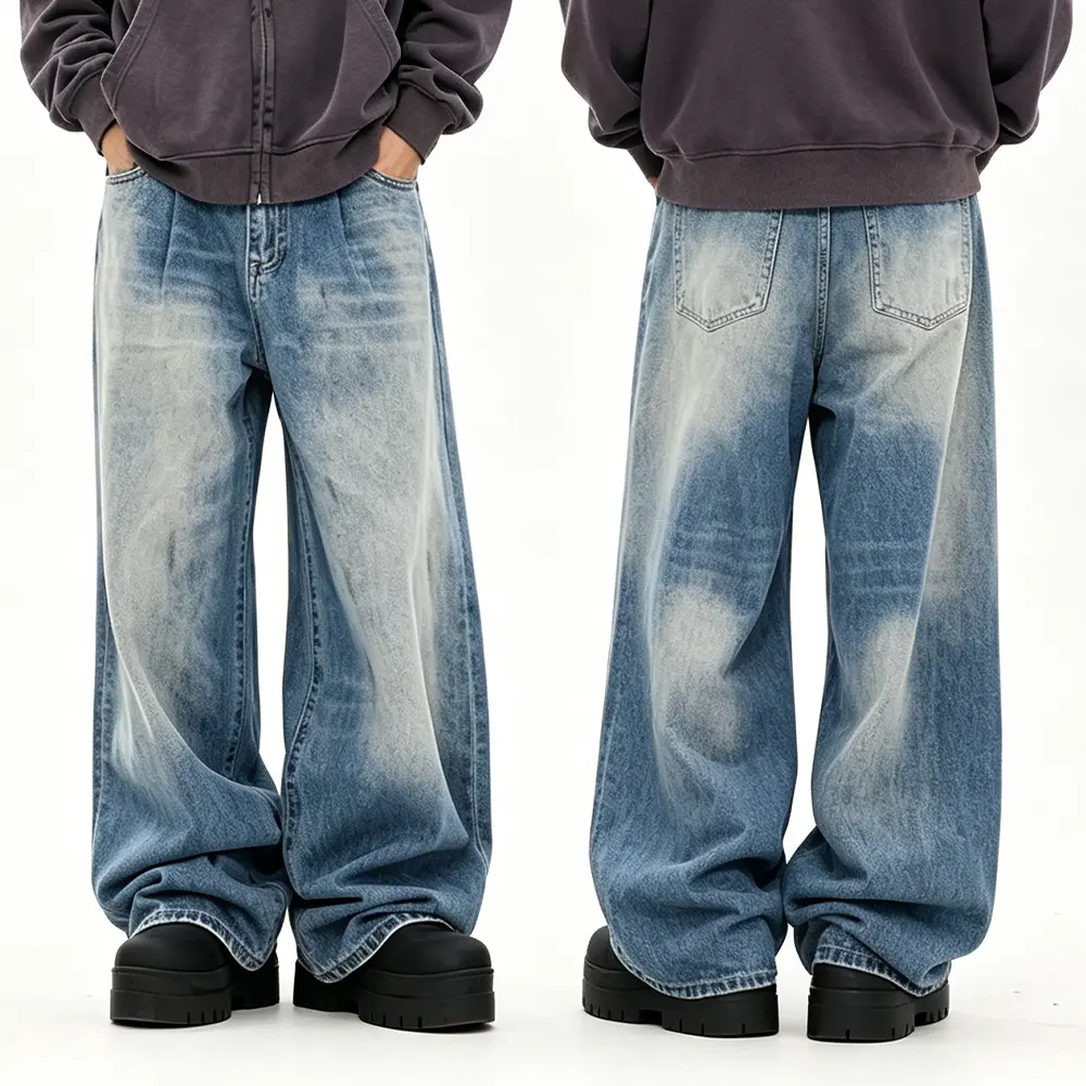 High-Quality XH-Fashion OEM ODM Gradient Faded Baggy Denim Jeans, Streetwear Oversized Wide Leg Custom Brand Trousers Manufacturer, Suppliers