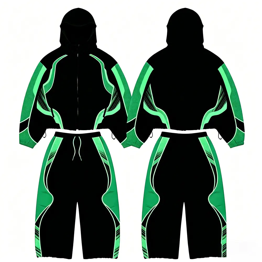 OEM XH-Fashion nisex Streetwear Colorblock Tracksuit - Bold Black & Neon Green Hooded Jacket & Wide Leg Pants Set Manufacturers, Factories